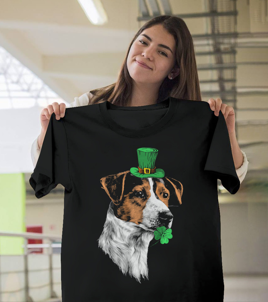 Jack Russell Terrier With Leprechaun Hat And Shamrock St Patrick's Day T-Shirt