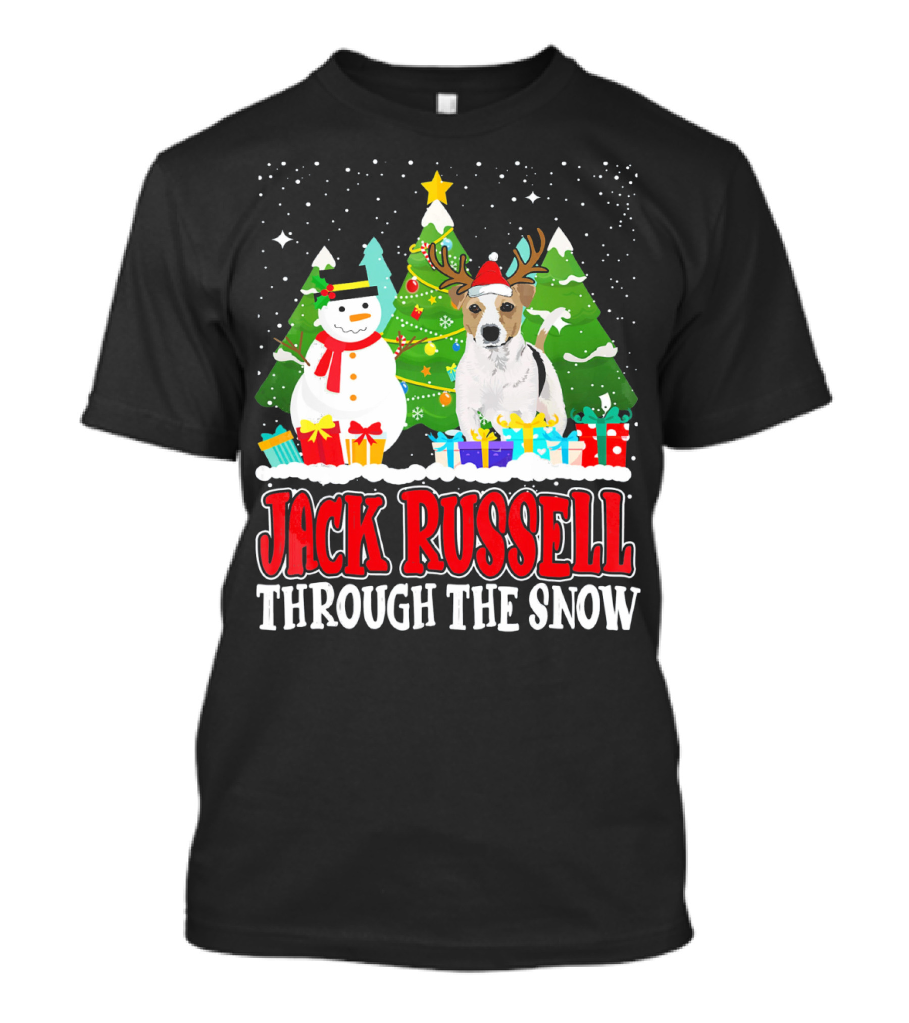 Jack Russell Through The Snow Christmas Reindeer Hat Snowman Trees Gifts T-Shirt