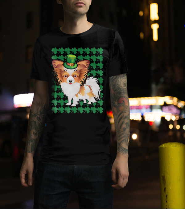 Papillon Dog In Leprechaun Hat Surrounded By Clover T-Shirt