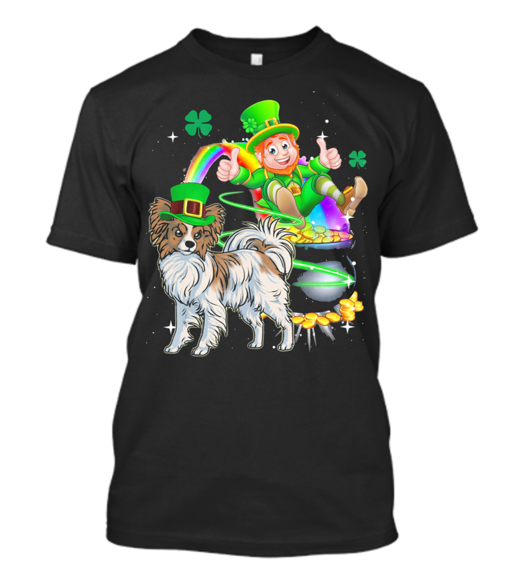 Leprechaun Papillon Clover Rainbow Gold Coins And Pot T-Shirt