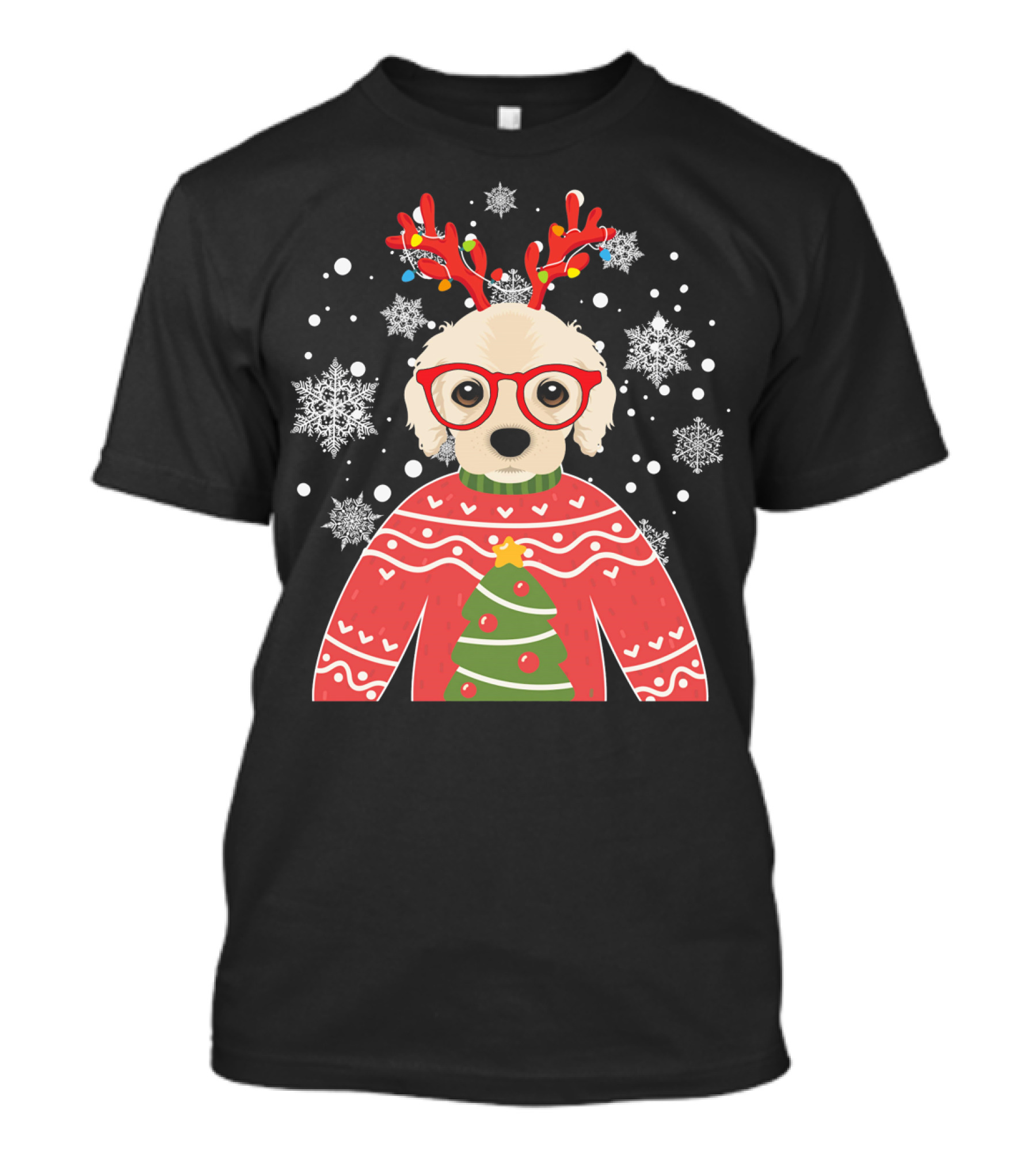 Christmas Cocker Spaniel Reindeer Antlers Snowflakes Sweater Tree T-Shirt