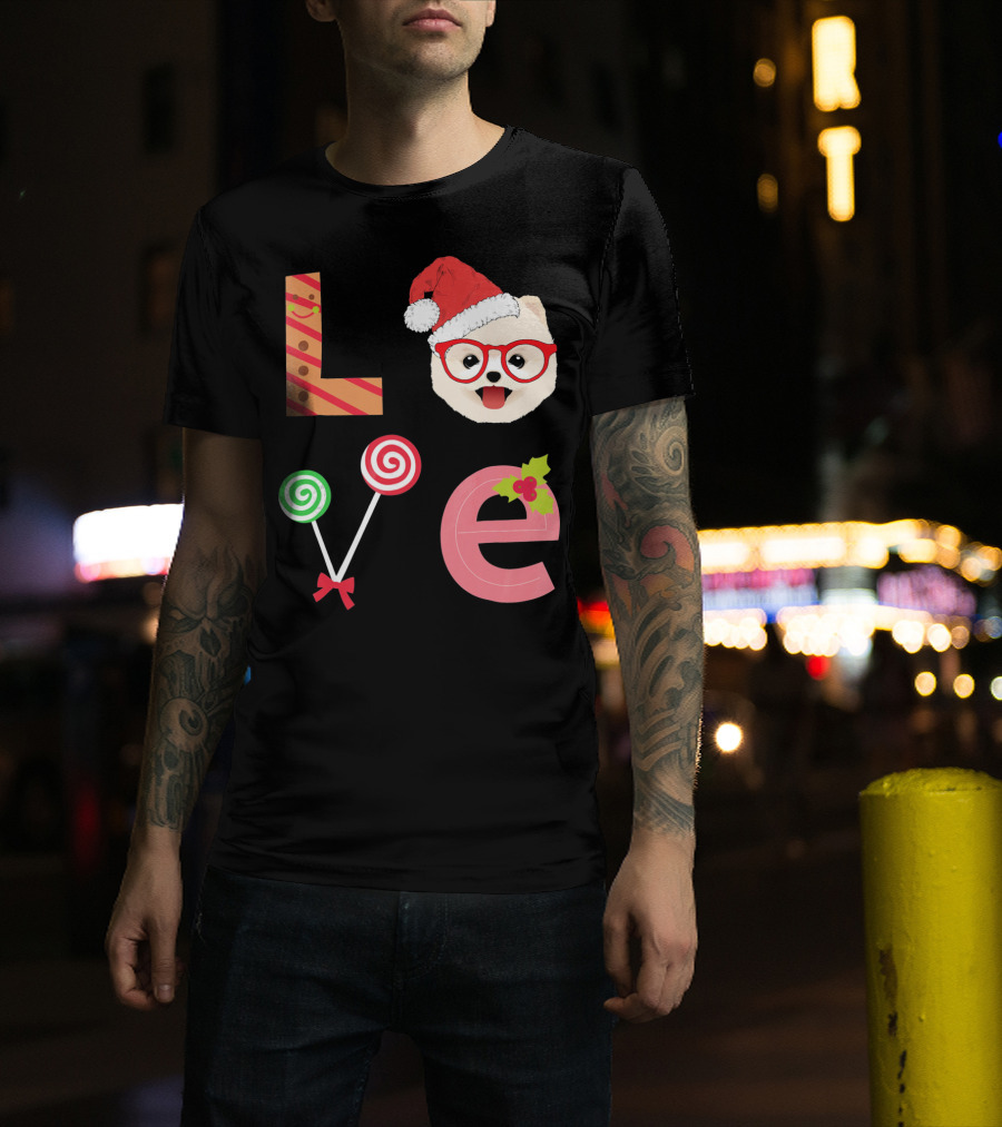 Love Pomeranian Santa Christmas Dog Candy Cane Glasses T-Shirt