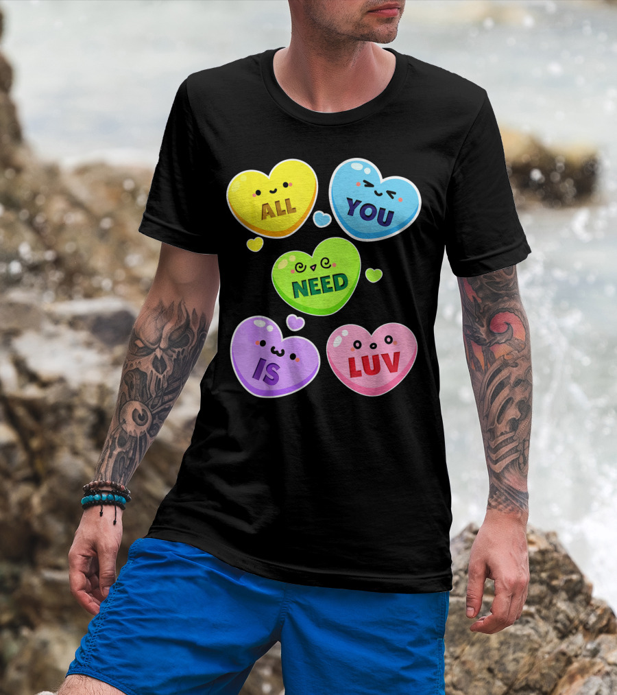All You Need Is Luv Valentine Kawaii Heart Faces T-Shirt