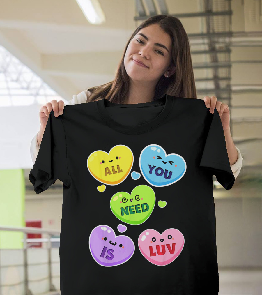 All You Need Is Luv Valentine Kawaii Heart Faces T-Shirt