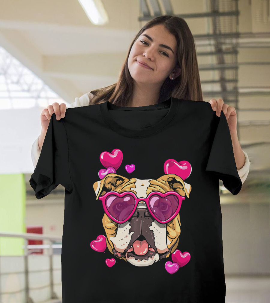 American Bulldog Heart Sunglasses Pink Hearts Valentine's Day T-Shirt