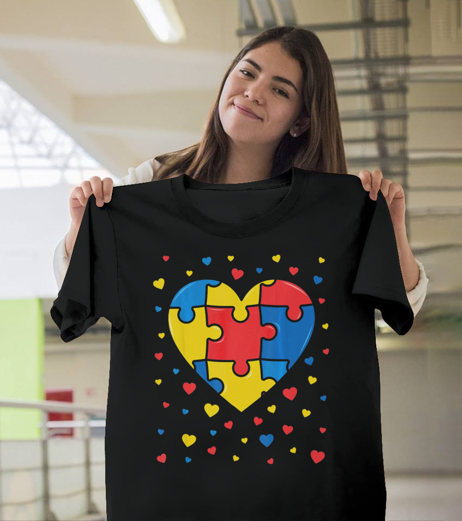 Autism Awareness Heart Puzzle Valentines Day Multicolor Love T-Shirt