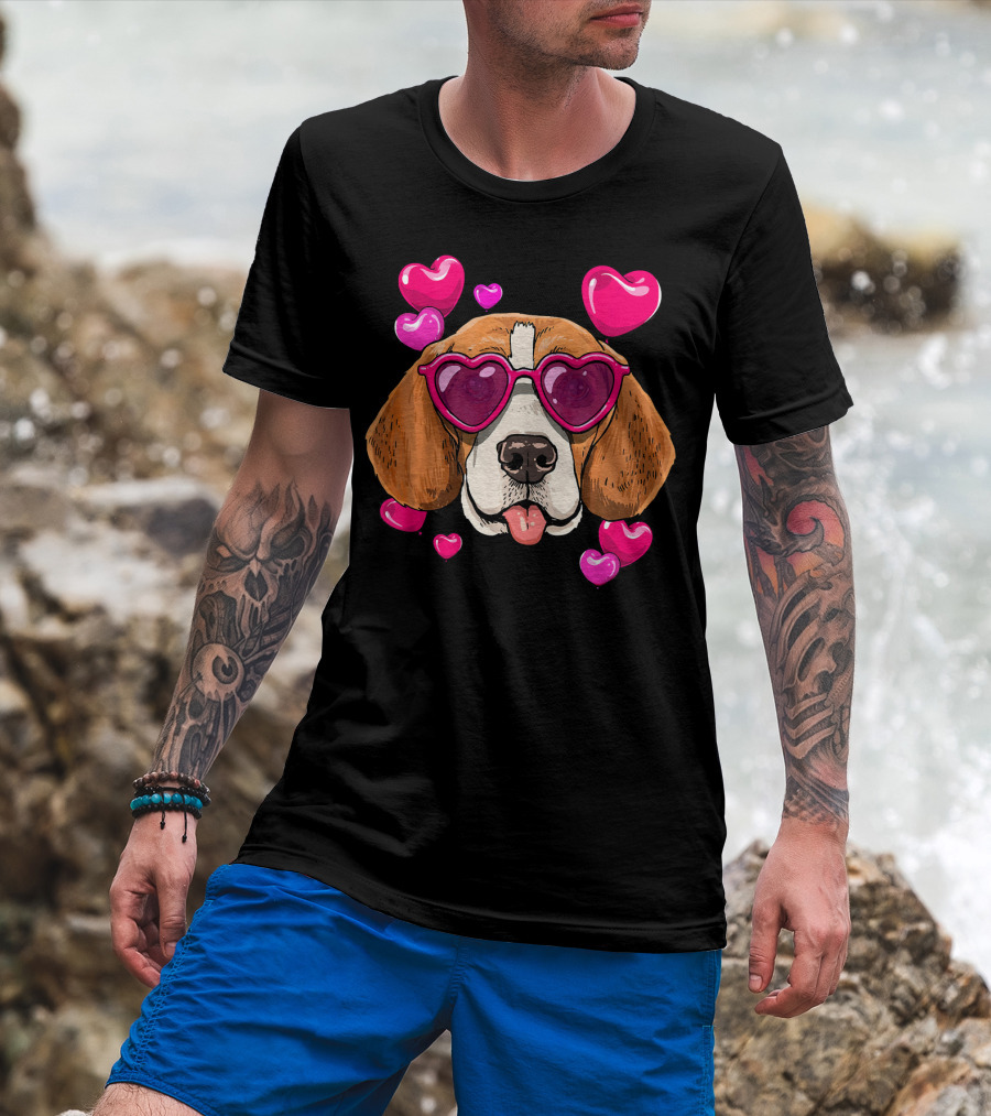 Beagle With Heart Sunglasses Surrounded By Pink Hearts Valentines Day Dog T-Shirt