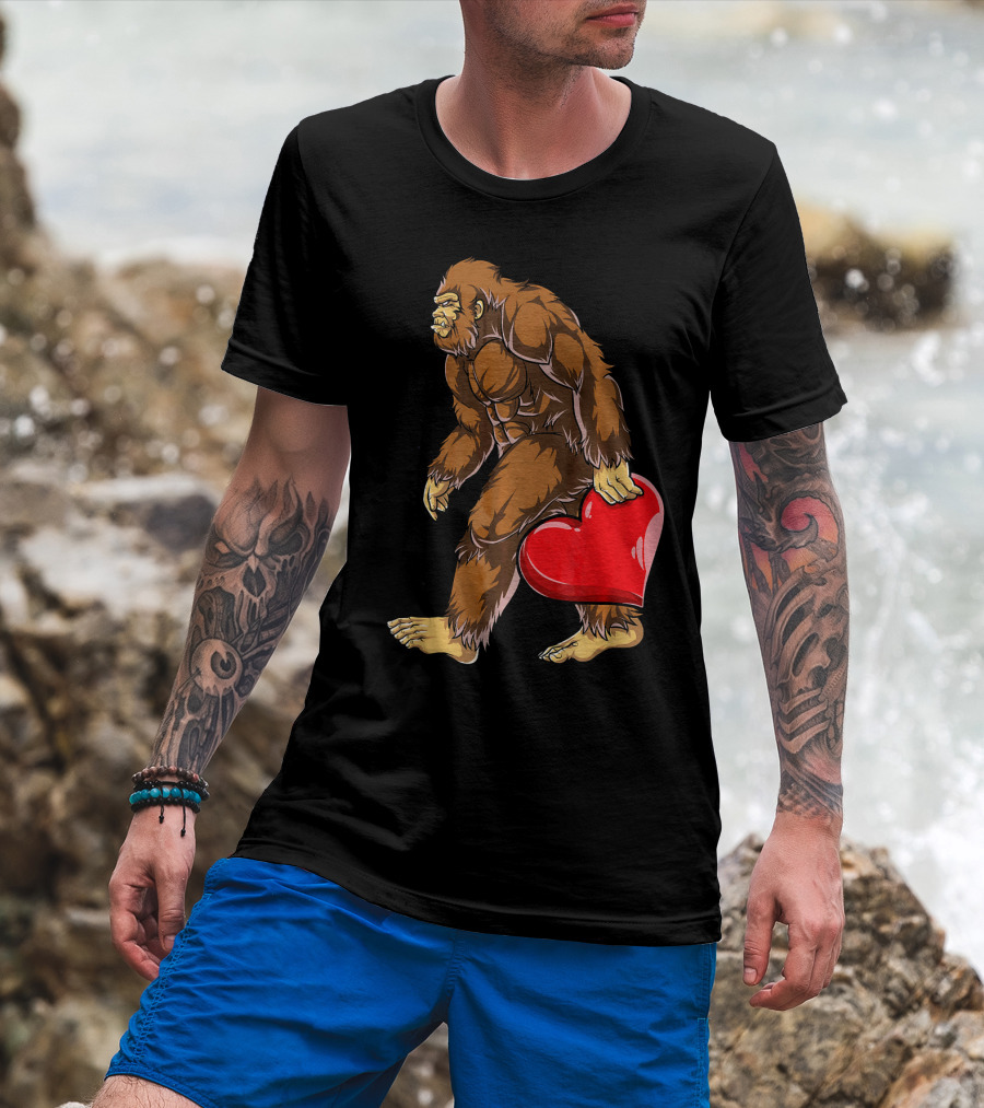 Bigfoot Carrying Heart Funny Valentine's Day T-Shirt