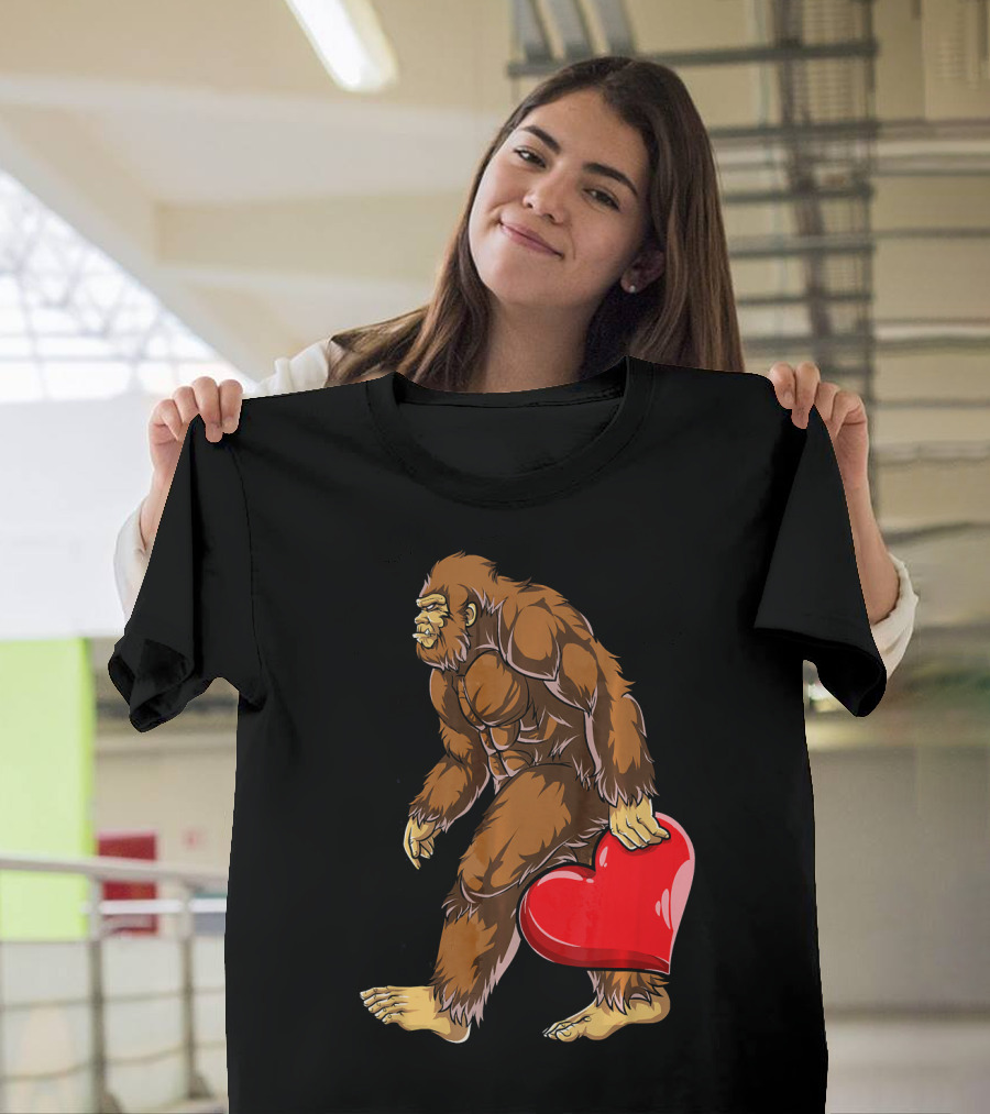 Bigfoot Carrying Heart Funny Valentine's Day T-Shirt
