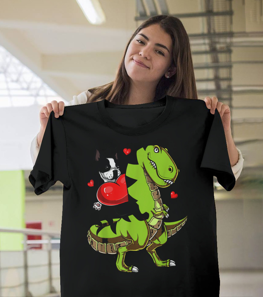 Boston Terrier with Red Hearts Riding a Green Rex Dinosaur T-Shirt