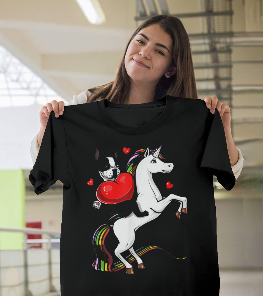Boston Terrier Dog Holding Heart Riding Colorful Unicorn With Hearts T-Shirt