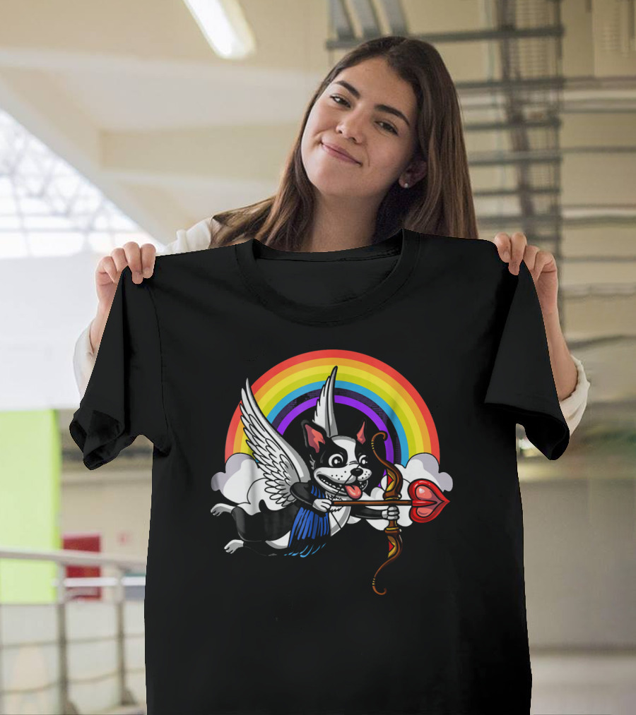 Boston Terrier Cupid Rainbow Valentine's Day T-Shirt