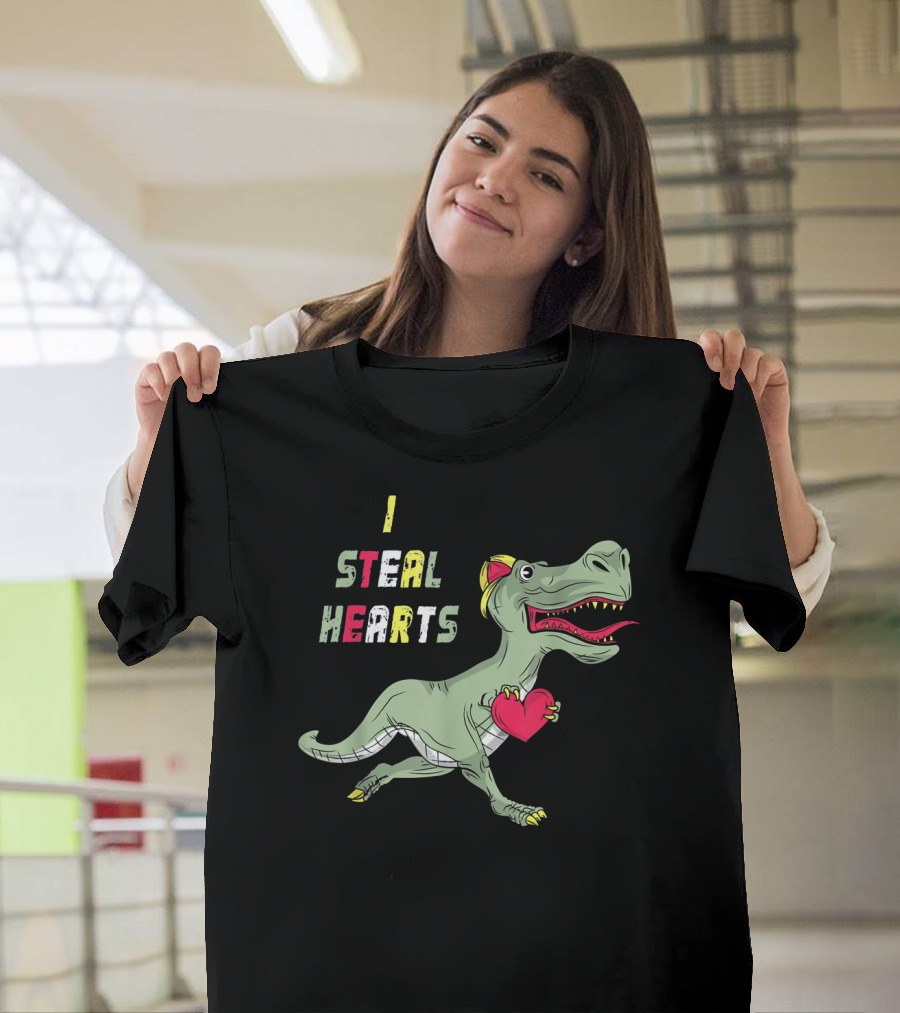 I Steal Hearts Dinosaur Holding Red Heart T-Shirt