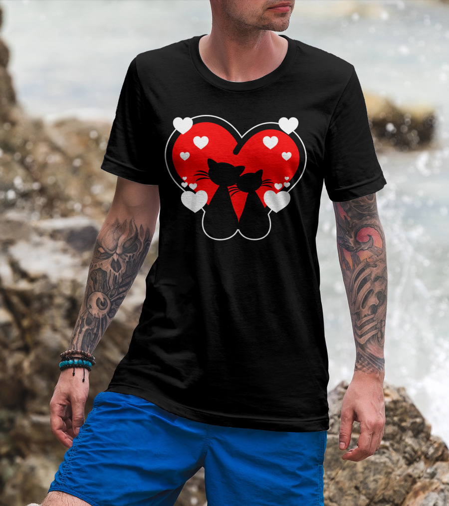 Cat Love Heart Valentines With Silhouette Cats And Hearts T-Shirt