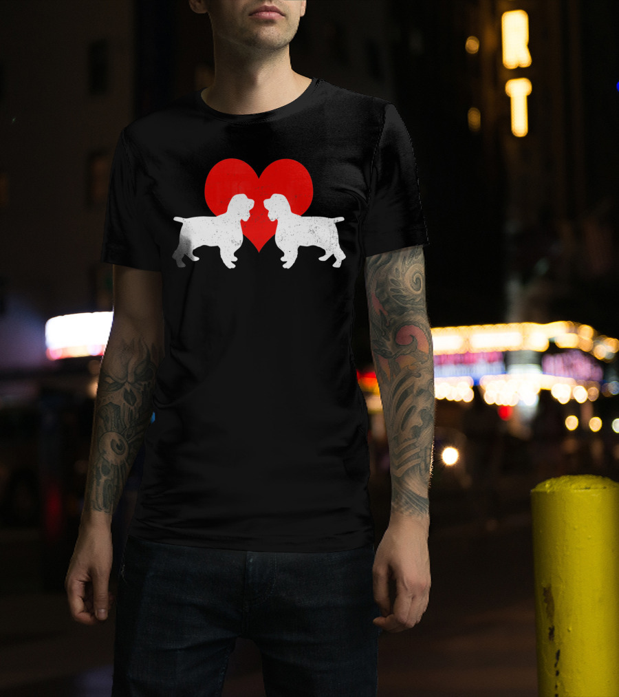 Couple English Springer Spaniel Dogs With Red Heart T-Shirt