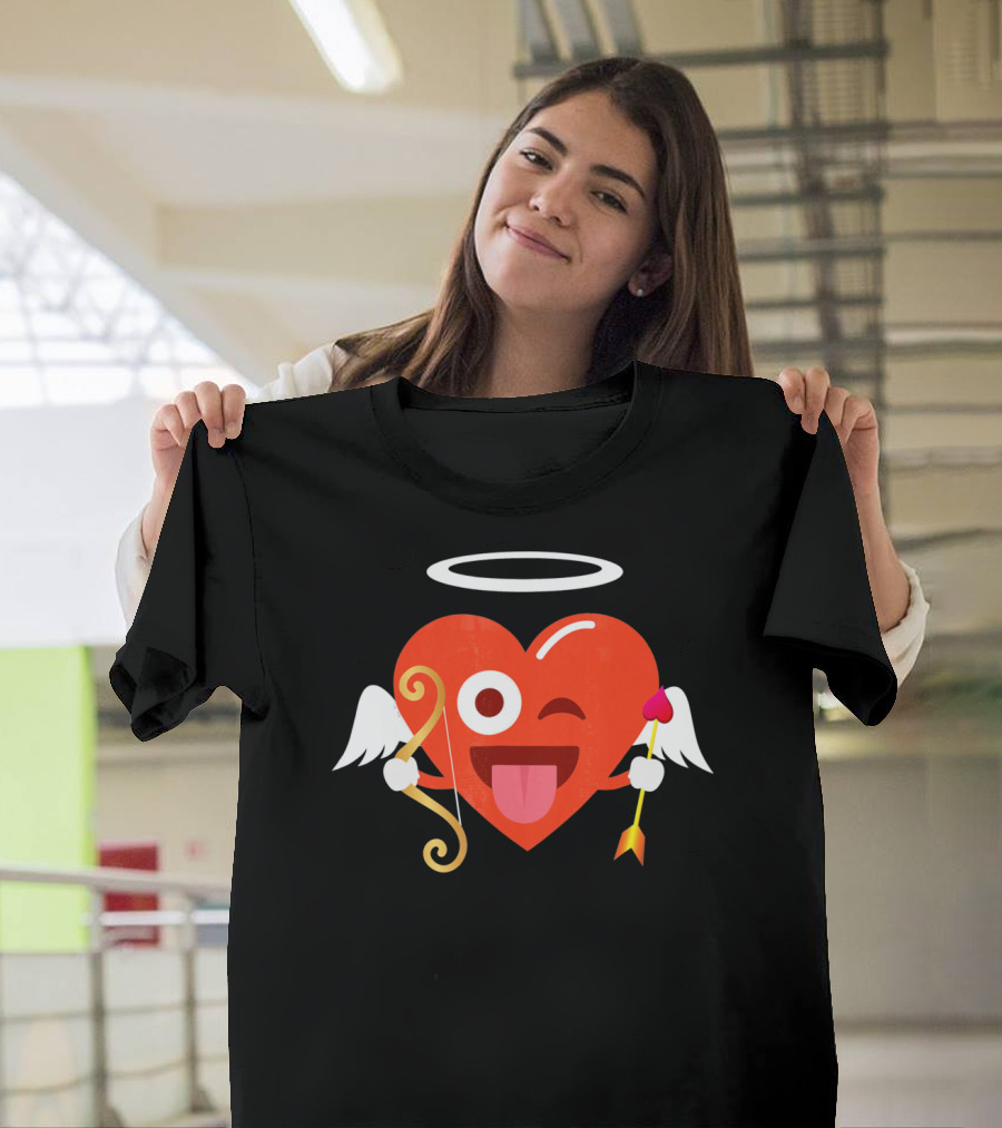Cupid Heart Emoji Halo Wink Tongue Out Bow Arrow T-Shirt