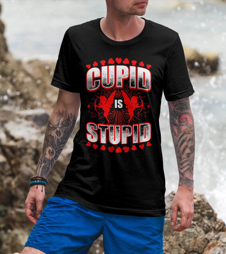 Cupid Is Stupid Anti Valentine Long With Heart And Cupid Graphics T-Shirt