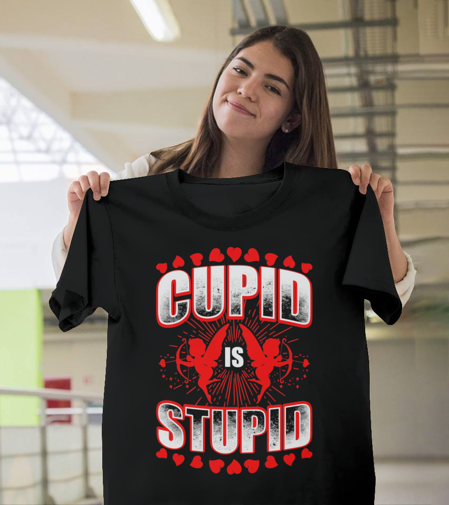 Cupid Is Stupid Anti Valentine Long with Heart and Cupid Graphics T-Shirt