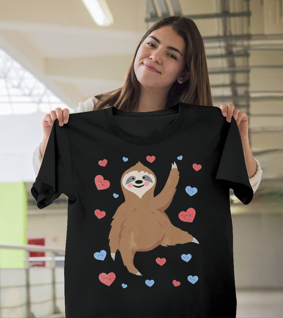 Cute Cuddly Sloth Surrounded By Red And Blue Hearts Valentine's Day T-Shirt