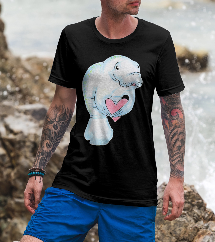 Manatee Holding Heart Valentines Day T-Shirt