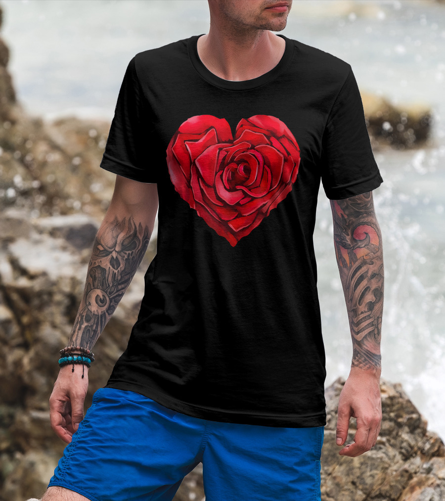 Cute Red Heart Rose Flower Art Bloom Blossom T-Shirt