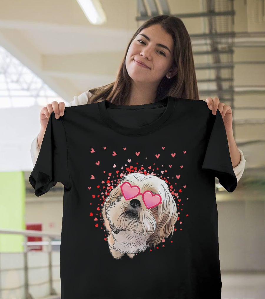 Cute Shih Tzu Heart Glasses Valentine's Day Hearts T-Shirt