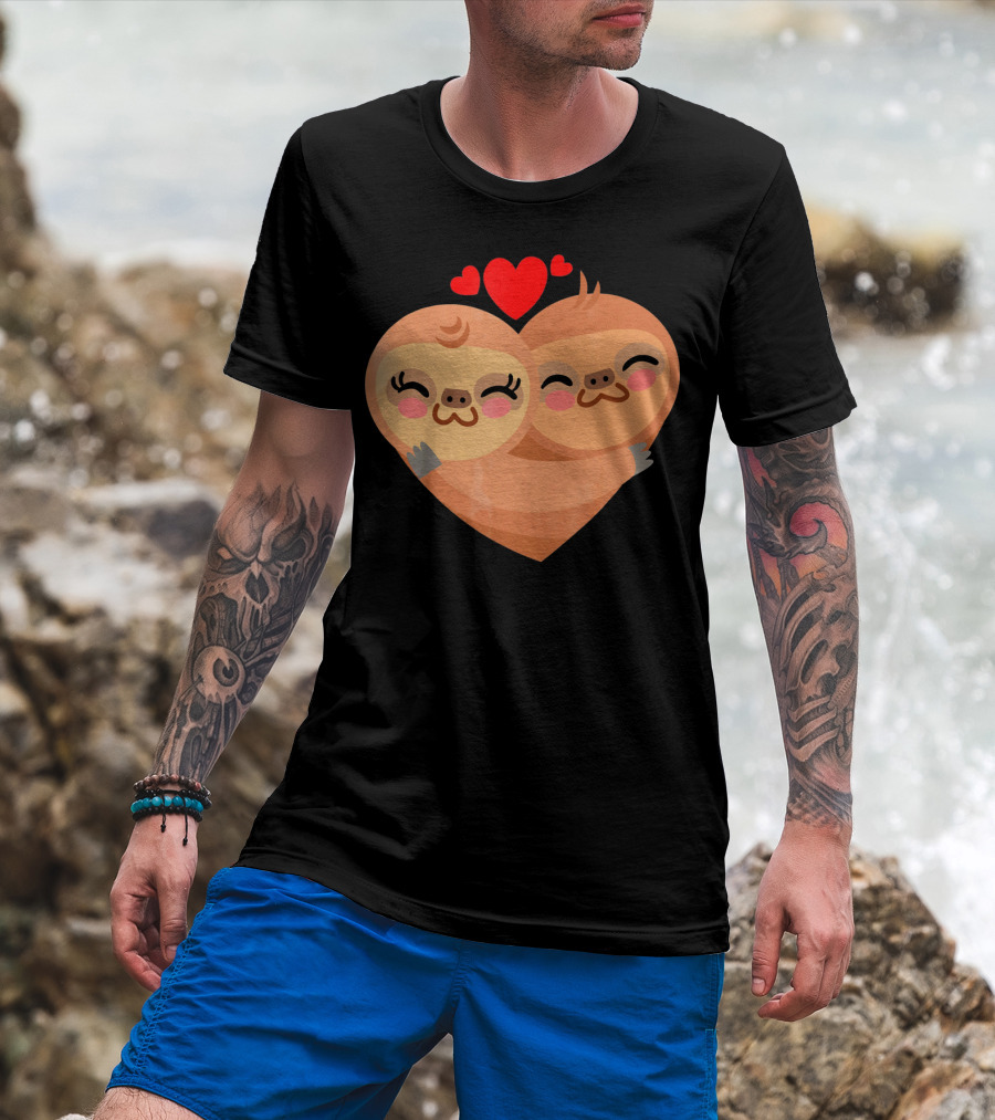 Cute Sloth Love Heart Valentines Pair With Red Hearts T-Shirt