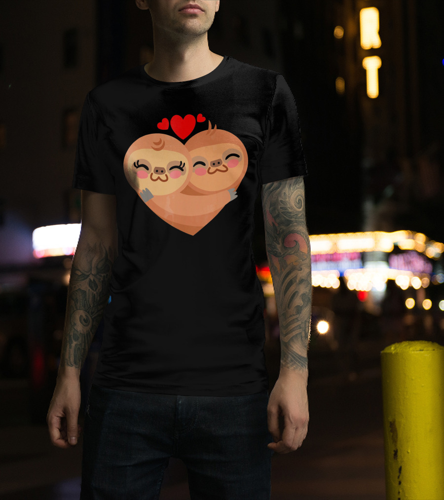 Cute Sloth Love Heart Valentines Pair With Red Hearts T-Shirt