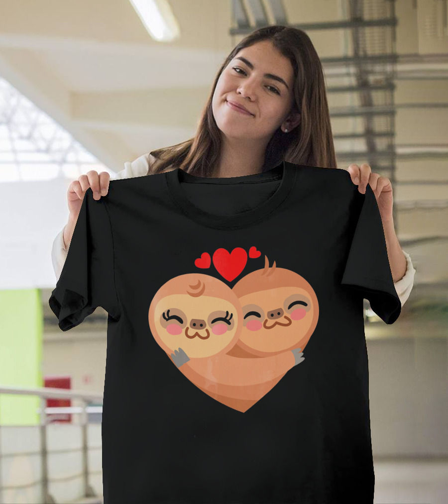 Cute Sloth Love Heart Valentines Pair With Red Hearts T-Shirt