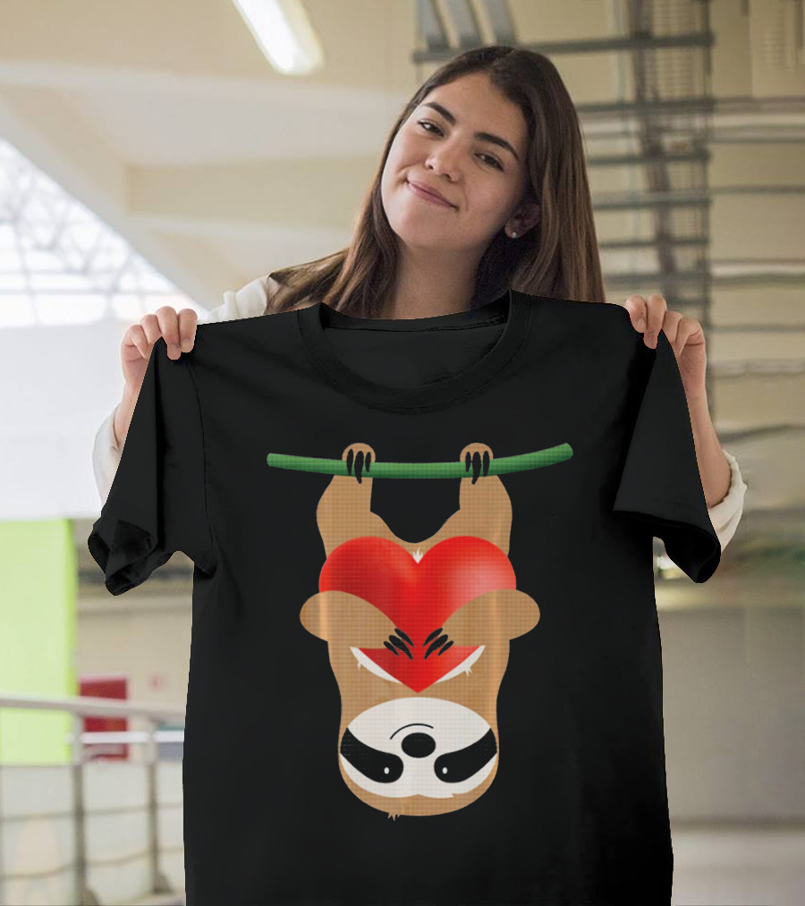 Cute Upside Down Sloth Hugging Red Heart Valentines Love T-Shirt