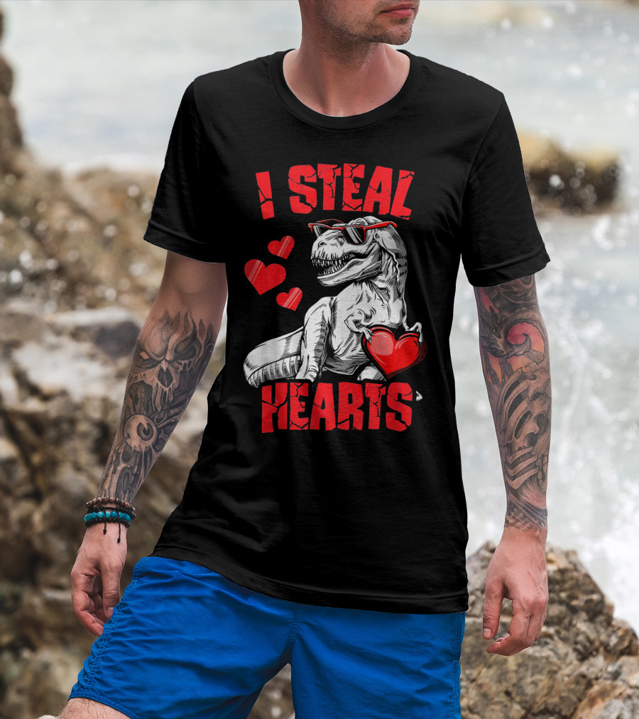 I Steal Hearts Boys Valentines Day Kids Dinosaur T-Shirt