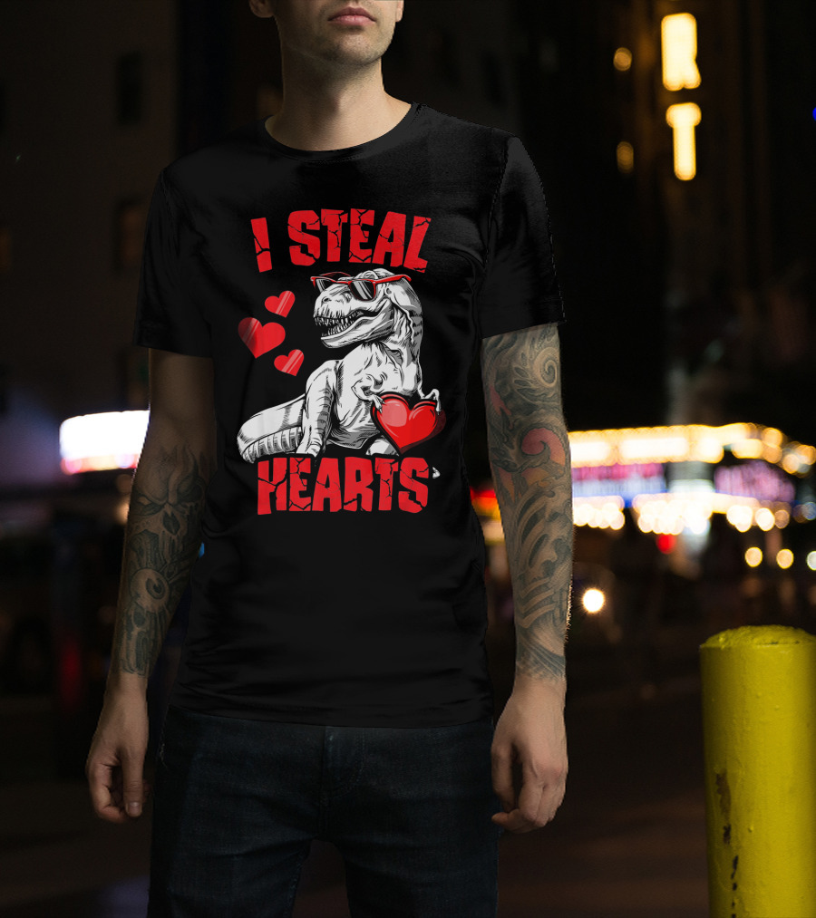 I Steal Hearts Boys Valentines Day Kids Dinosaur T-Shirt