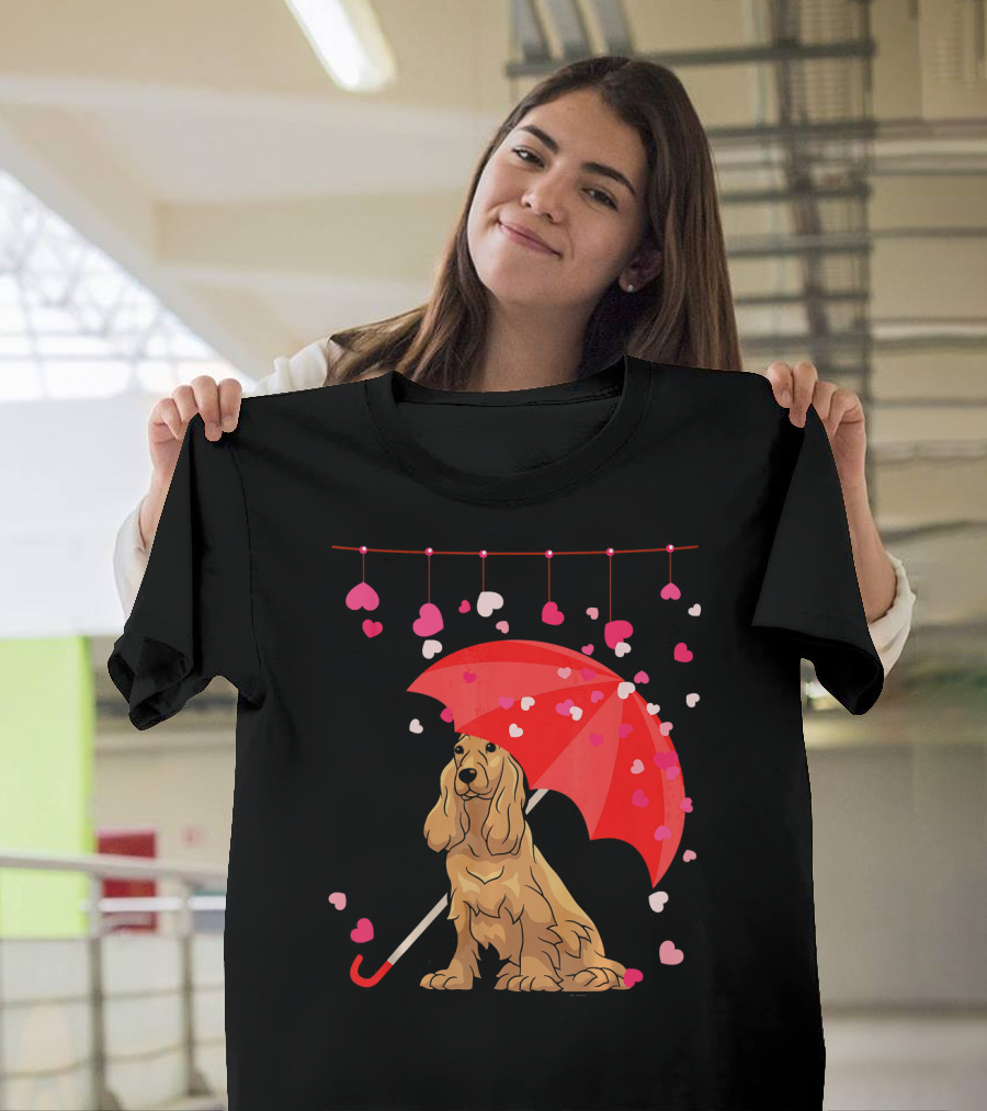 Cocker Spaniel Under Red Umbrella with Falling Hearts Valentines T-Shirt