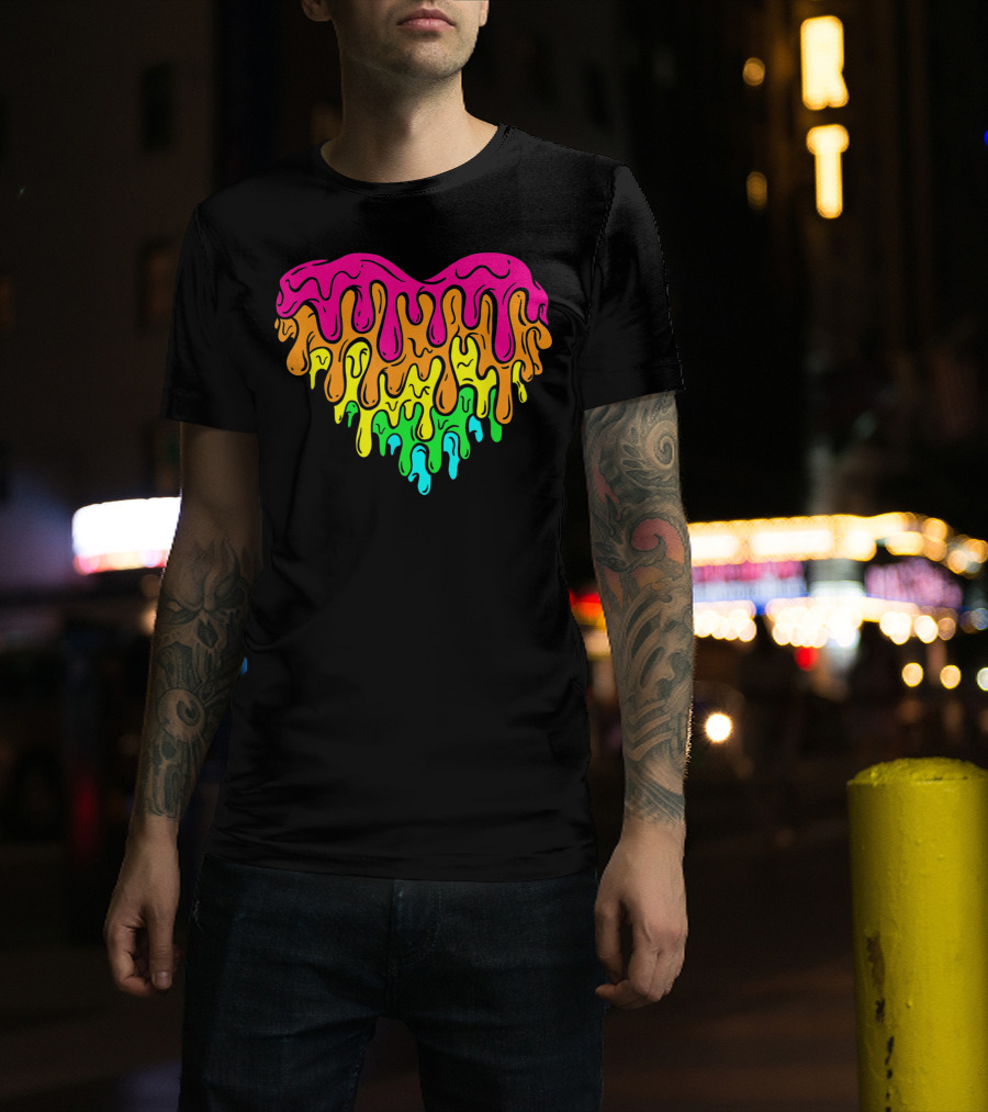 Cool Retro 80s Neon Dripping Rainbow Valentines Day Heart T-Shirt