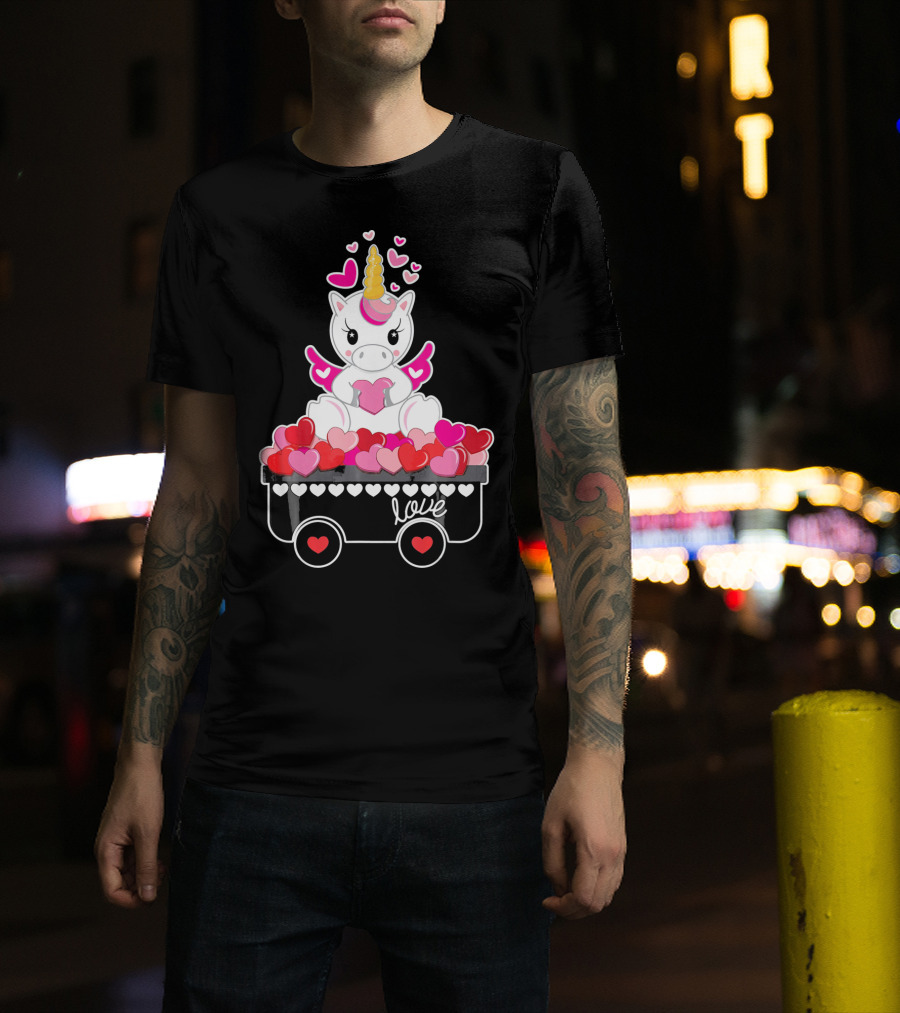 Valentines Day Unicorn Love Wagon With Hearts T-Shirt