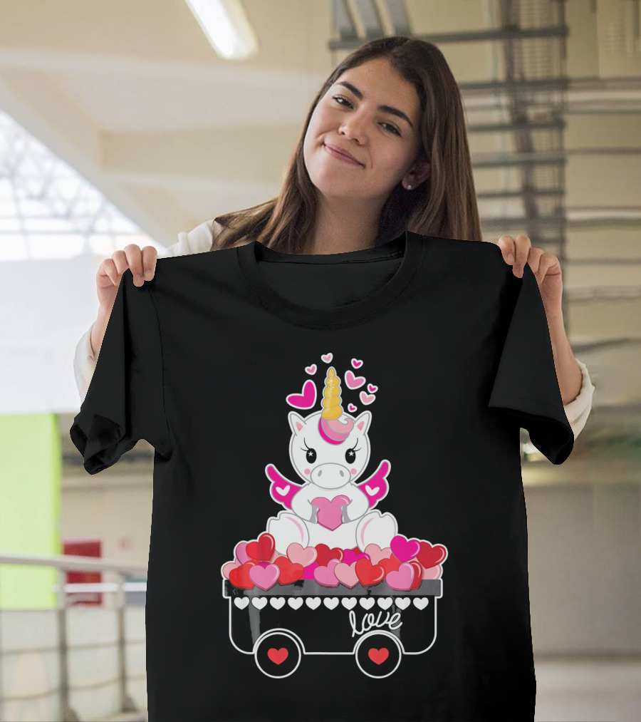 Valentines Day Unicorn Love Wagon With Hearts T-Shirt