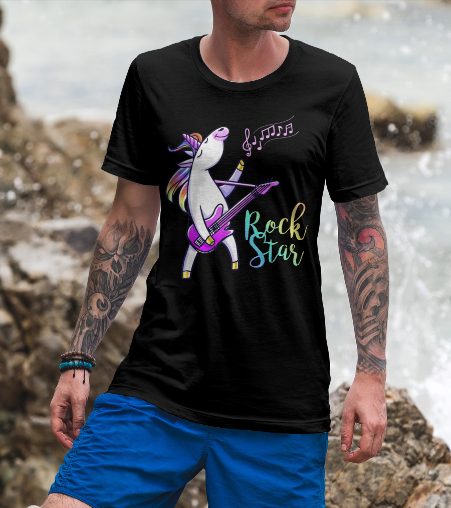 Unicorn Rock Star With Guitar And Musical Notes T-Shirt