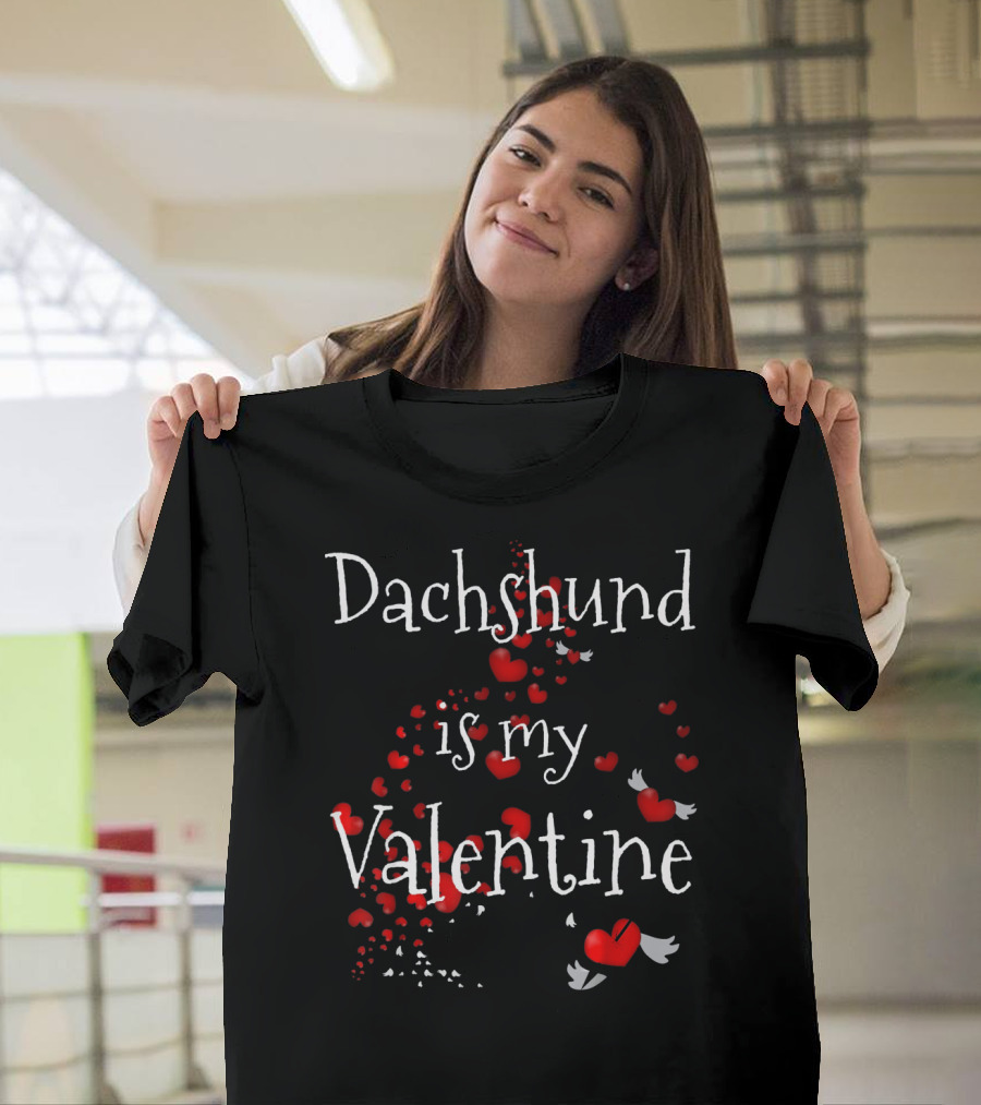 Dachshund is My Valentine with Hearts and Wings T-Shirt