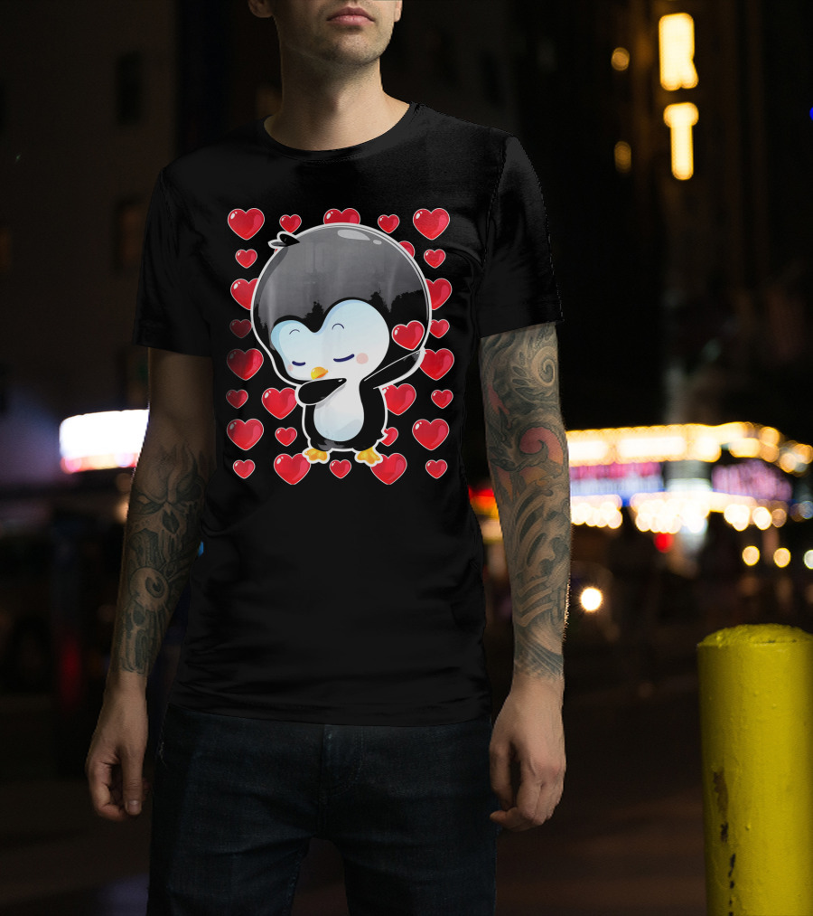 Valentines Day Penguin Dabbing Surrounded By Hearts T-Shirt
