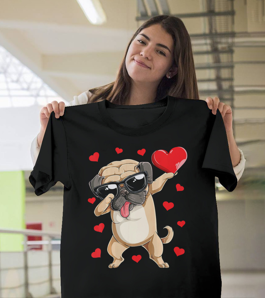 Dabbing Pug Holding Heart Surrounded by Red Hearts Valentines Day T-Shirt