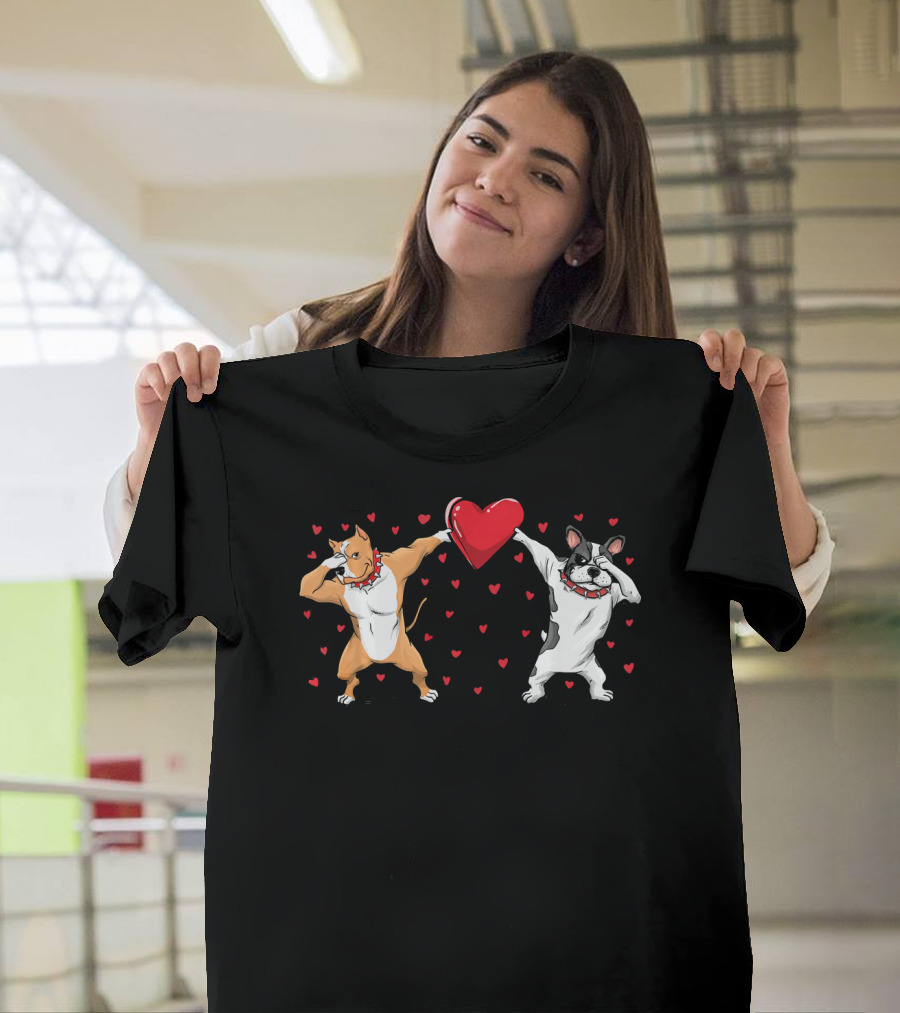 Pitbull Bulldog Dabbing With Heart Valentines T-Shirt