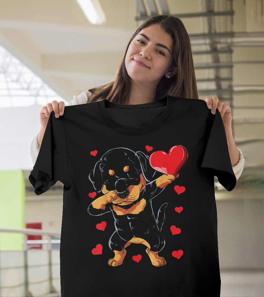 Dabbing Rottweiler Heart Valentine With Red Hearts T-Shirt