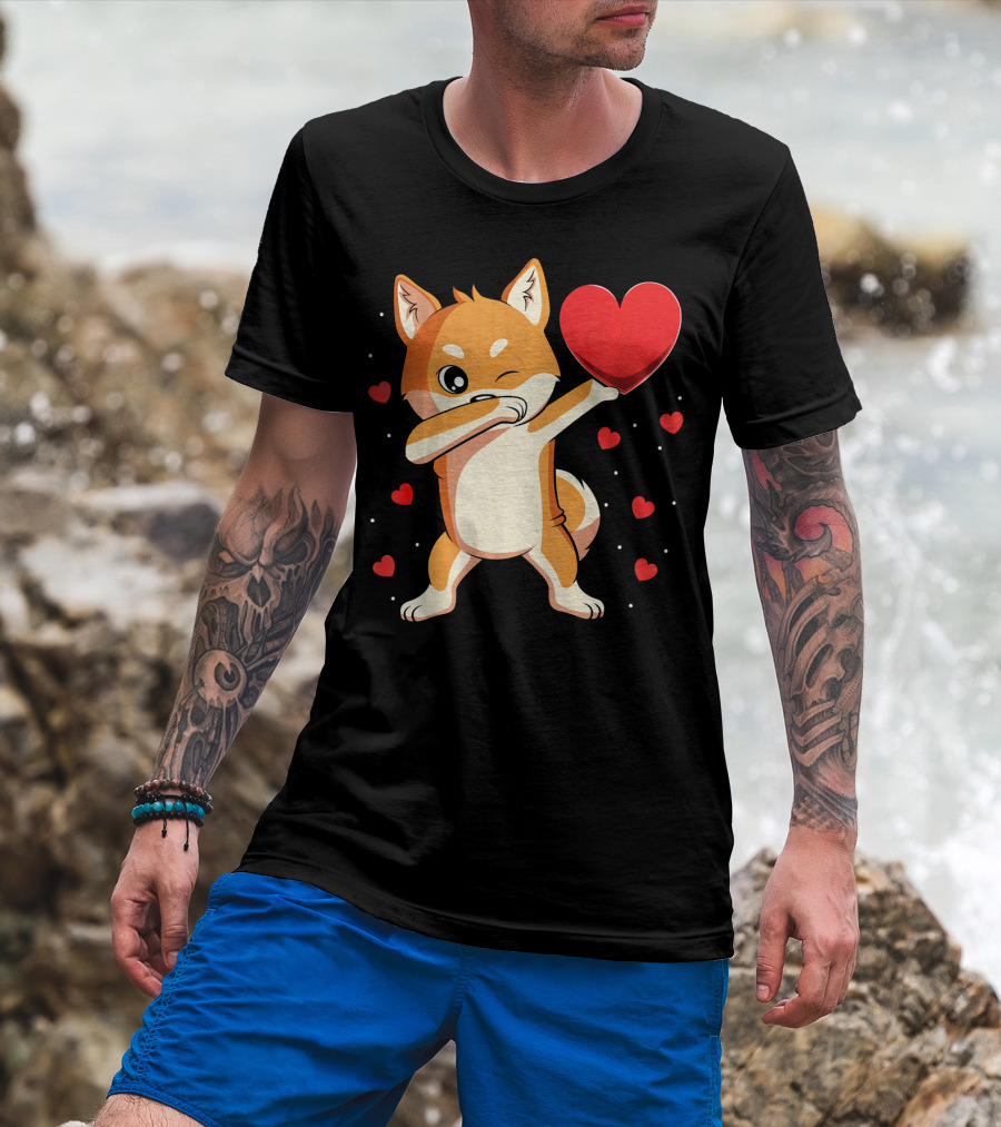 Dabbing Shiba Inu Holding Heart Valentine’s Day Dog With Hearts T-Shirt