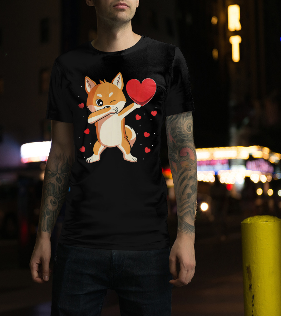 Dabbing Shiba Inu Holding Heart Valentine’s Day Dog With Hearts T-Shirt