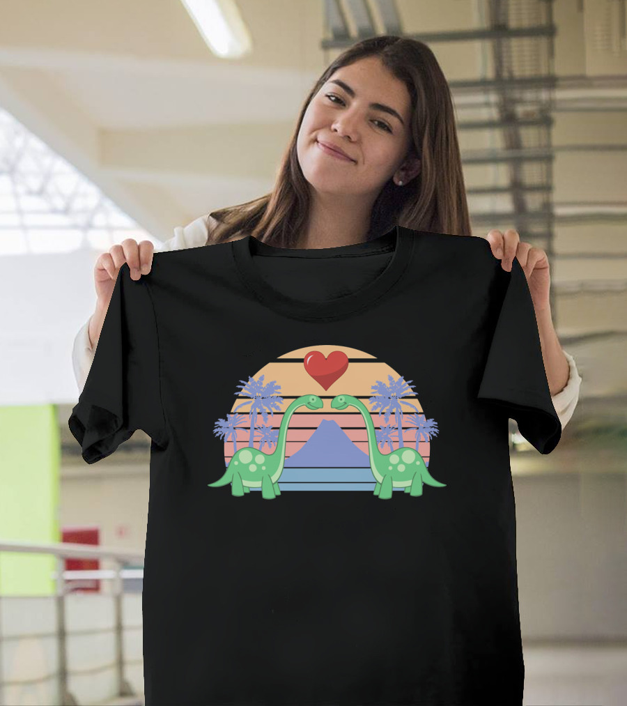 Dino Valentine Romantic Sunset With Heart And Palm Trees T-Shirt