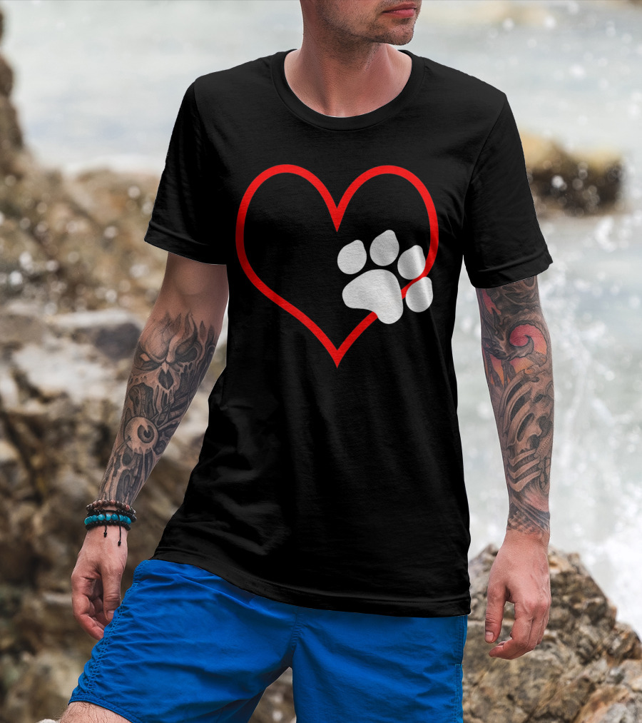 Dog And Cat Owner Valentine's Day Heart With Paw Prints T-Shirt