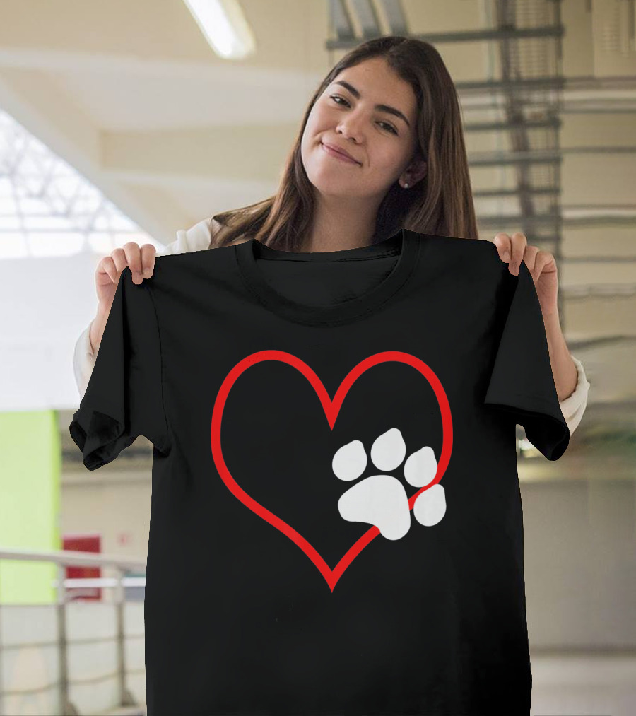 Dog And Cat Owner Valentine's Day Heart With Paw Prints T-Shirt