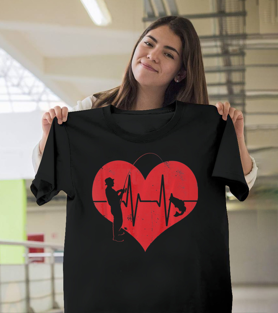 Fishing Heartbeat Valentines Day Heart Fisherman T-Shirt