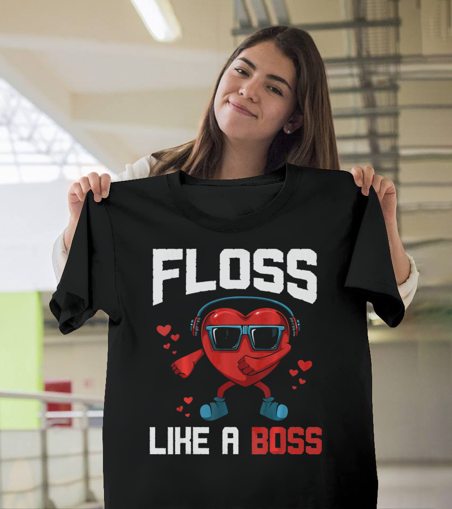 Floss Like A Boss Heart Sunglasses Headphones Valentine's Day T-Shirt