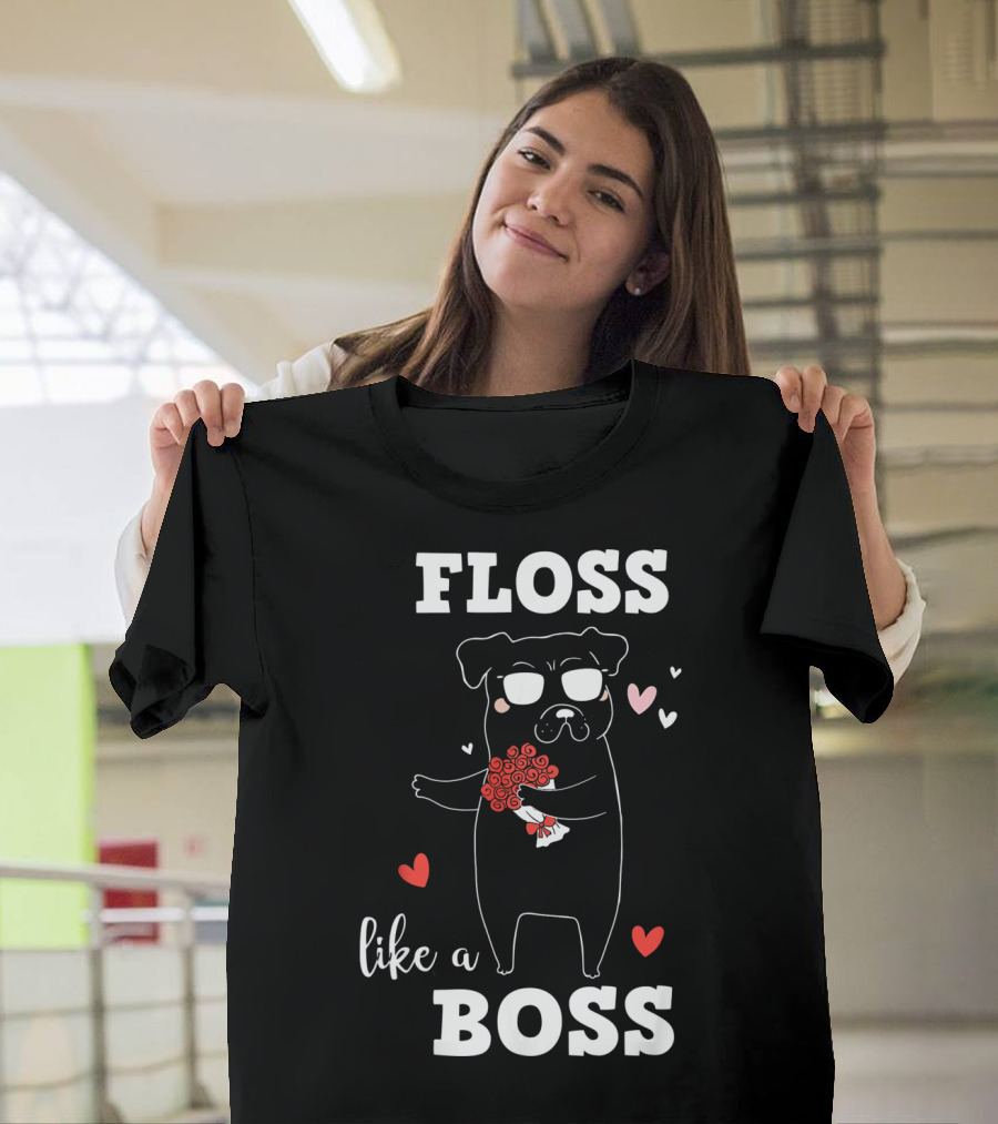 Floss Like A Boss Valentines Day Dog Holding Flowers With Hearts T-Shirt